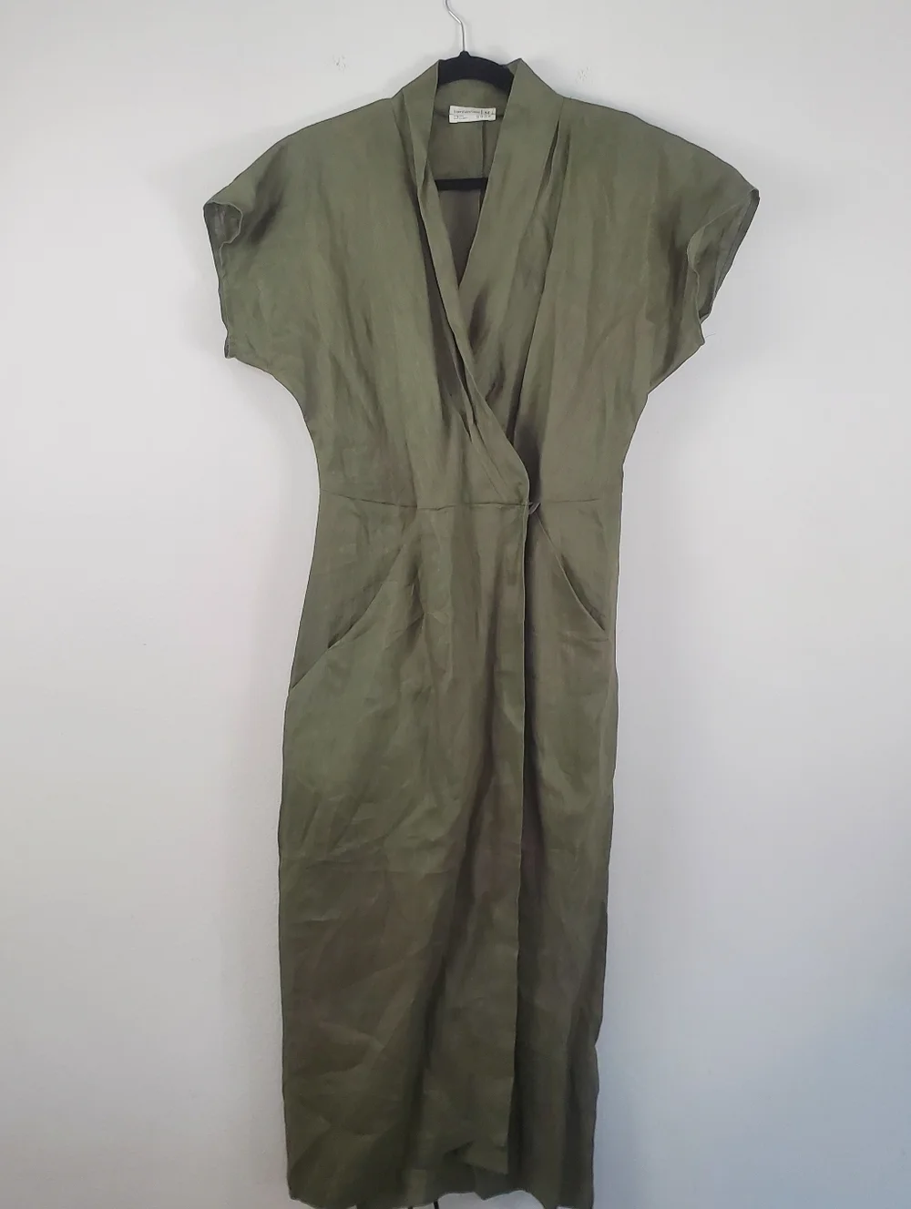 Linen Fairy Tales Linen Olive Green Wrap Linen Dress Womens Size Medium - Picture 8 of 9